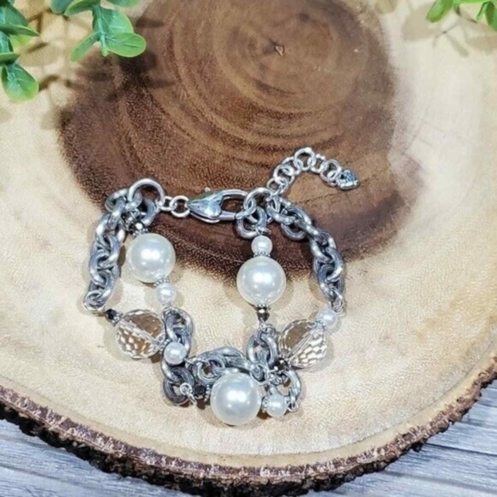 Brighton Faux pearl‎ Crystal Beaded Bauble double strand  Silver bracelet - Picture 4 of 7